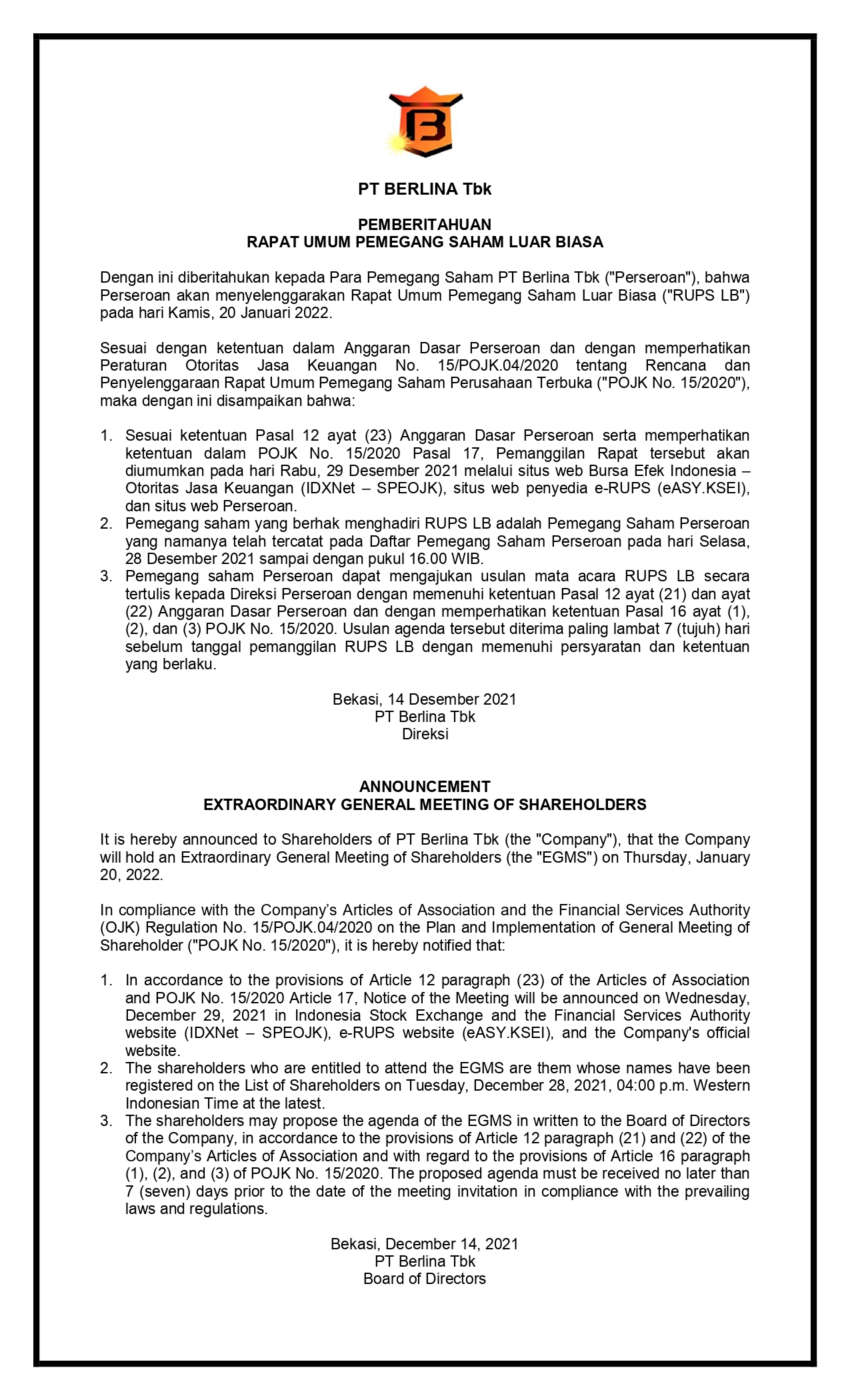 BRNA – Pemberitahuan Rapat Umum Pemegang Saham Luar Biasa  PT Berlina Tbk 20 januari 2022