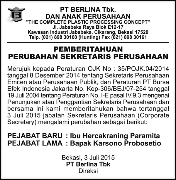 Pemberitahuan Perubahan Sekretaris Perusahaan