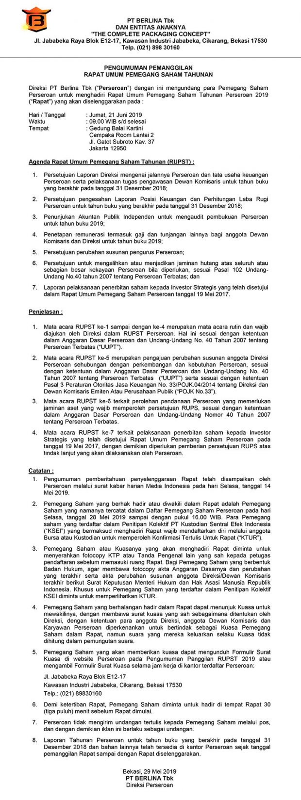 BRNA – Pengumuman Pemanggilan Rapat Umum Pemegang Saham Tahunan – 21 Juni 2019