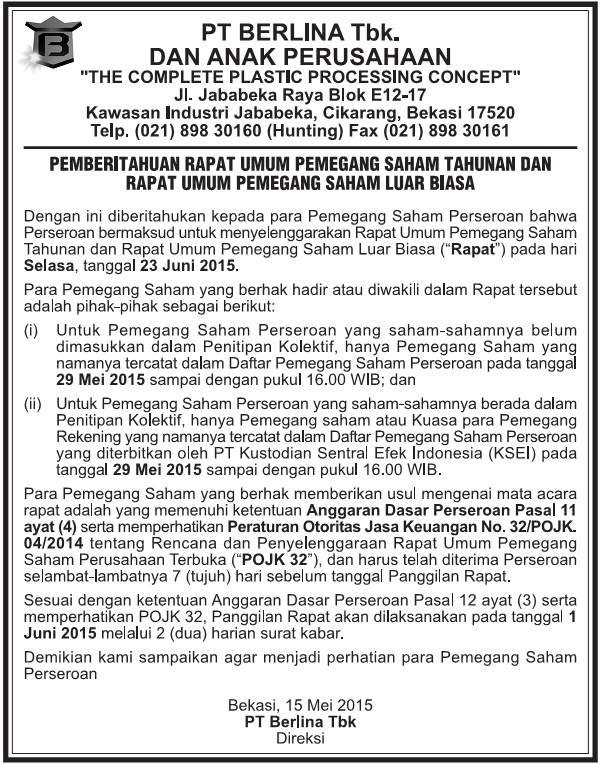 Pemberitahuan Rapat Umum Pemegang Saham Tahunan Dan Saham Luar Biasa ( 23 Juni 2015 )
