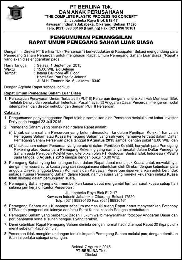 Pengumuman Pemanggilan Rapat Umum Pemegang Saham Luar Biasa (1 Sept 2015)