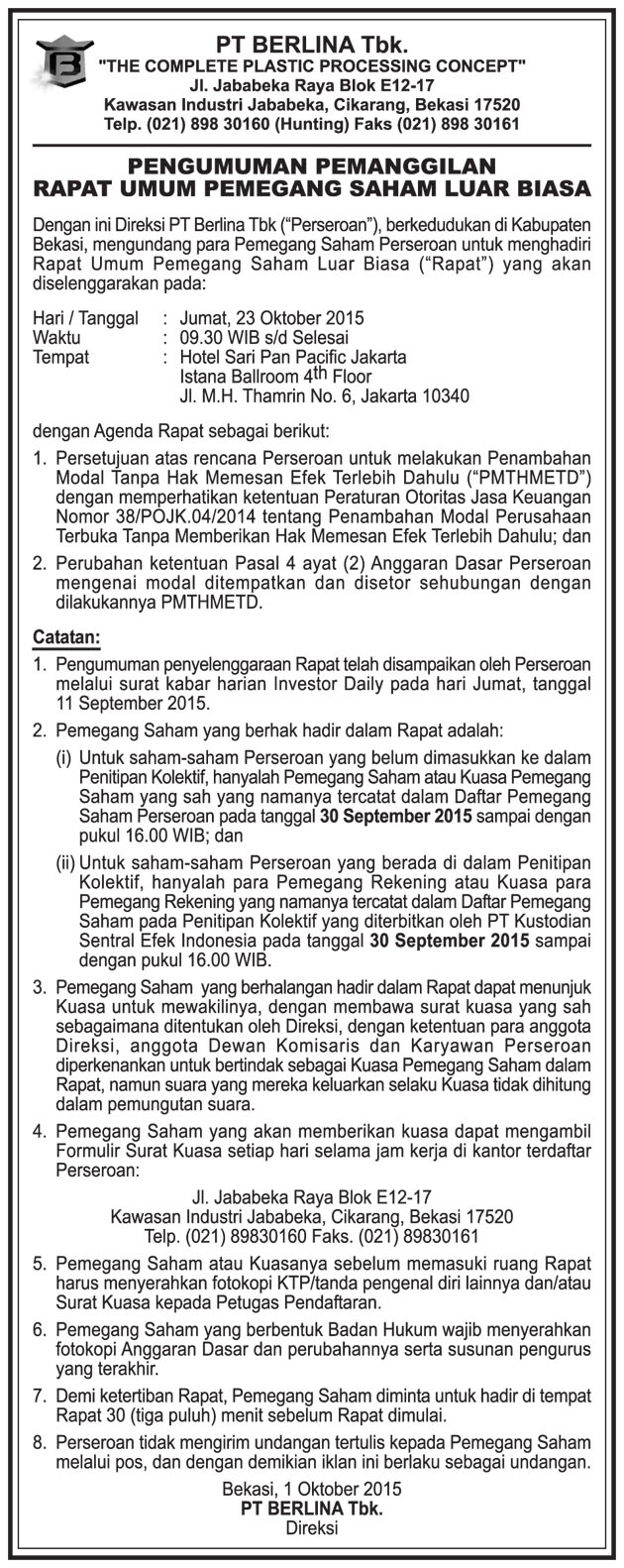 Pengumuman Pemanggilan Rapat Umum Pemegang Saham Luar Biasa (23 Okt 2015)-2