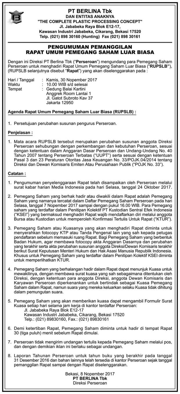 BRNA - Pengumuman Pemanggilan Rapat Umum Pemegang Saham Luar Biasa