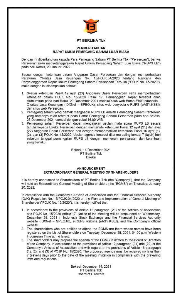 Pemberitahuan Rapat Umum Pemegang Saham LB PT Berlina Tbk 20 Januari 2022