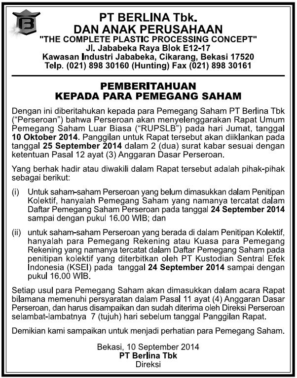 Pemberitahuan Kepada Para Pemegang Saham